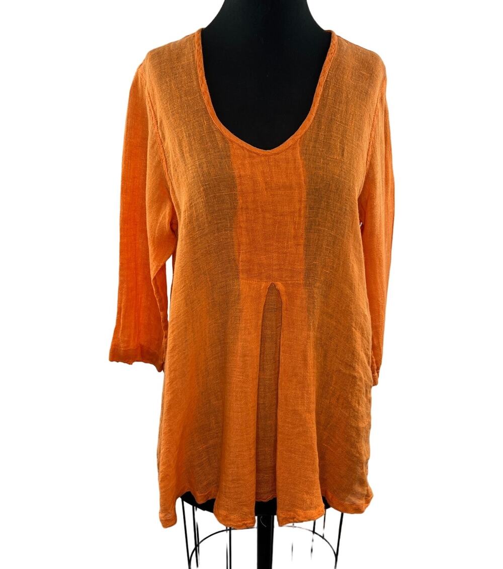 FLAX Orange Tunic Top Linen Scoop Neck Inverted Pleat 3/4 Sleeve Size S Small